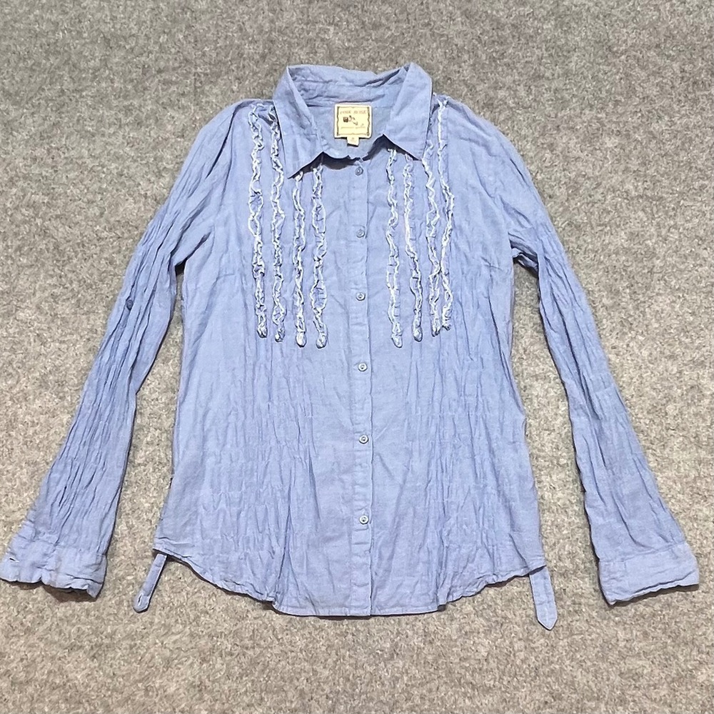Pink Rose Light Blue Ruffle‎ Front Smocked Back Button Down Shirt Womens M
